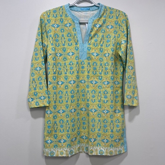 J Mclaughlin Boca Tunic Top XS NWT $178 3/4 Sleeve Stretch Beachwalk Geo Green - Picture 1 of 7